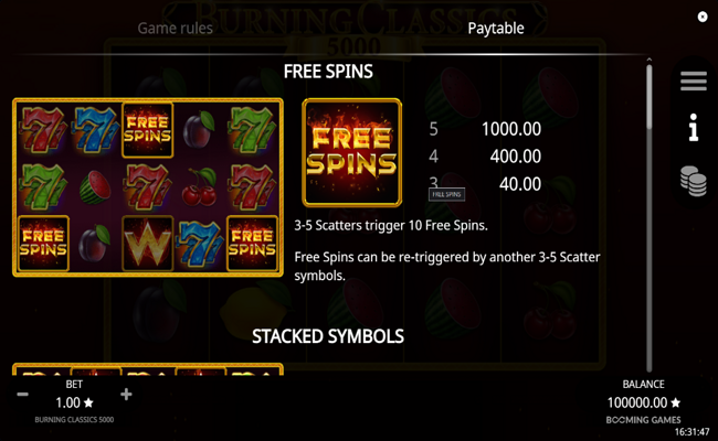 burning classics 5000 paytable 1