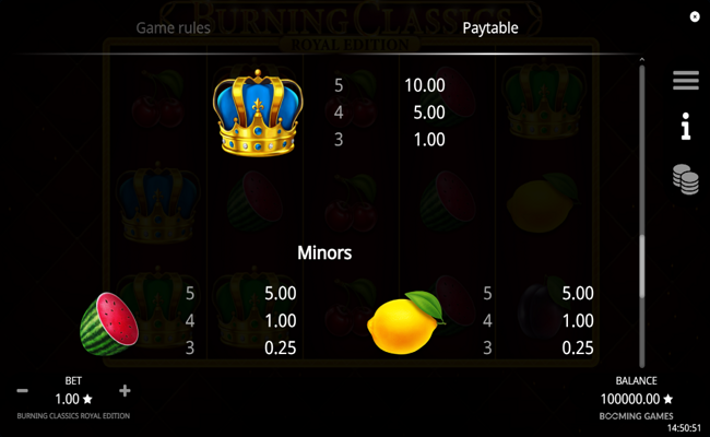 burning classics royal edition paytable 3
