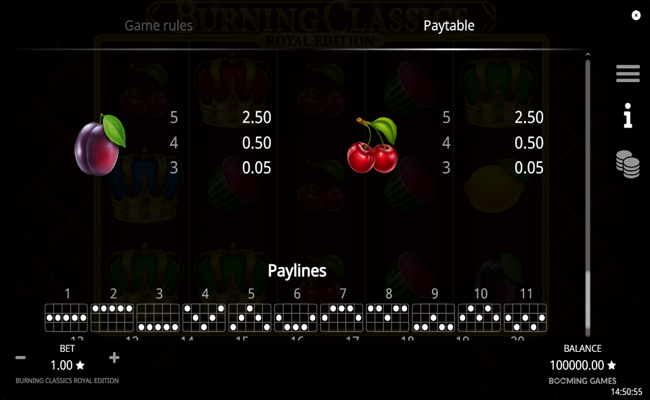 burning classics royal edition paytable 4