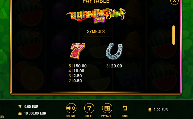 burning slots 20 paytable