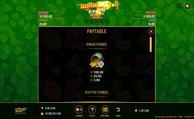 burning slots cash mesh dice paytable 1