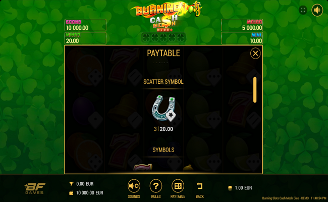 burning slots cash mesh dice paytable 2