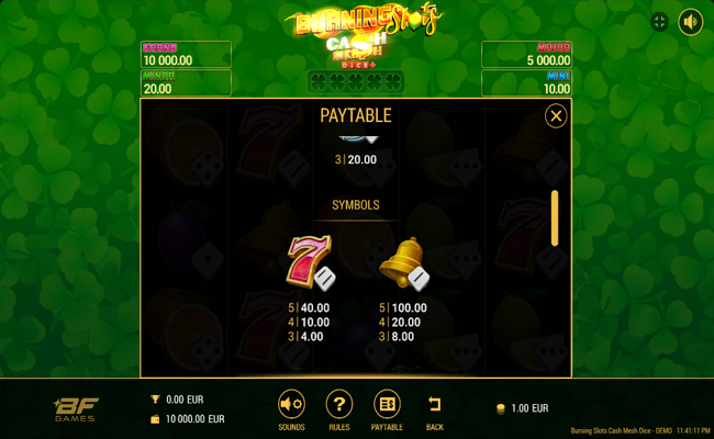burning slots cash mesh dice paytable 3