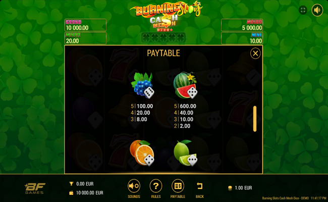 burning slots cash mesh dice paytable 4