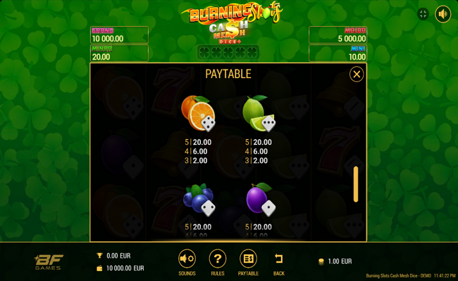 burning slots cash mesh dice paytable 5