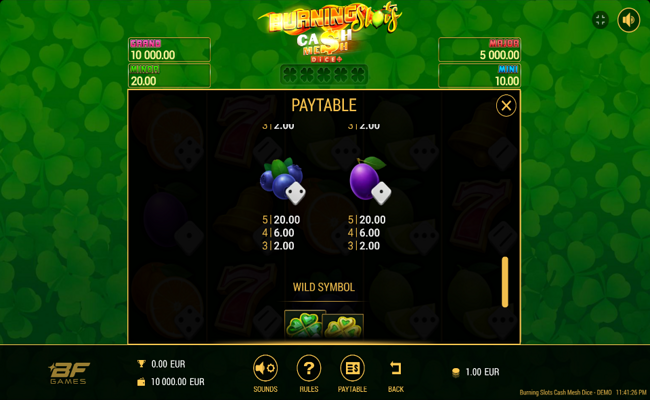 burning slots cash mesh dice paytable 6
