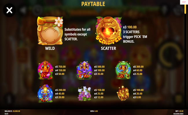 buzzing bees paytable 1