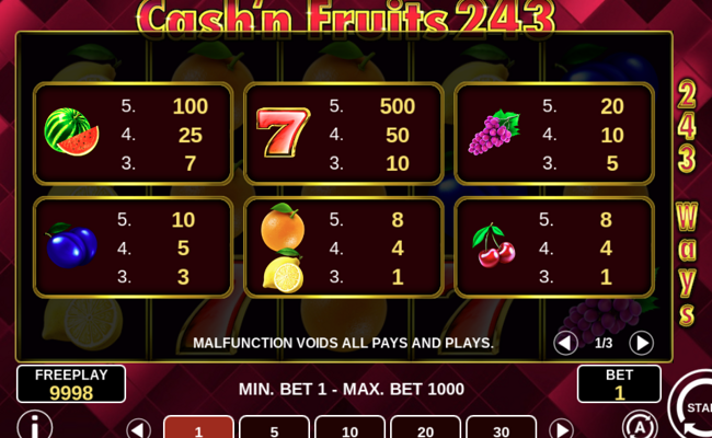 cash n fruits 243 paytable