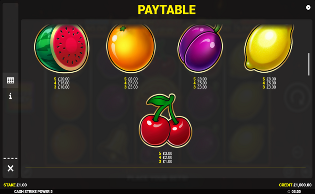 cash strike power 5 paytable 2