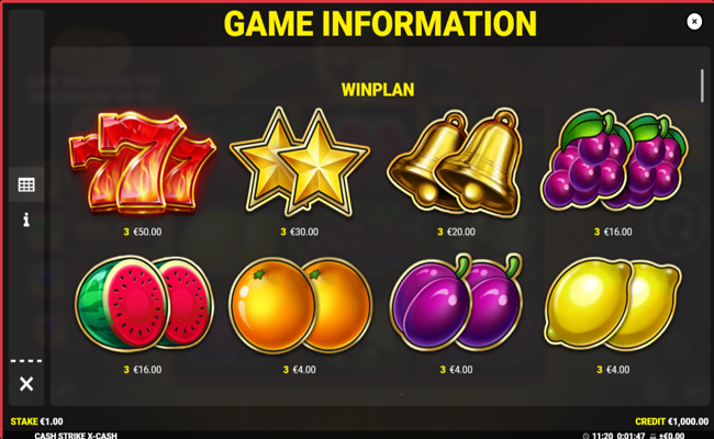 cash strike x cash paytable 1