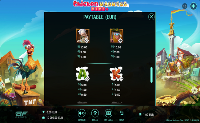 chicken madness dice paytable 1