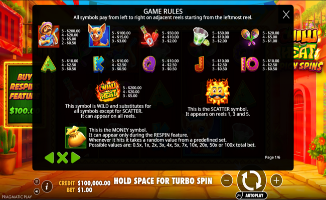 chilli heat spicy spins paytable