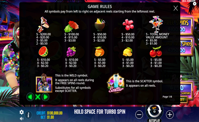 club tropicana happy hour paytable