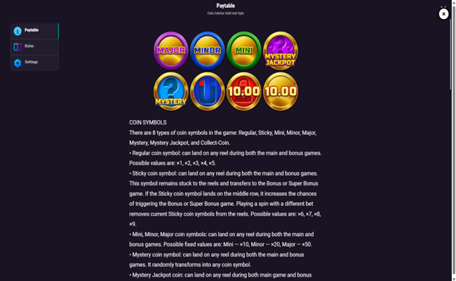 coin catcher paytable