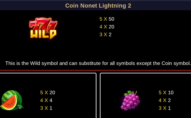 coin nonet lightning 2 paytable 1