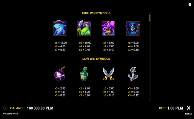 colossal pirate paytable 1