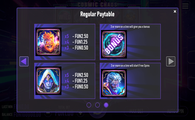 cosmic chaos paytable 3