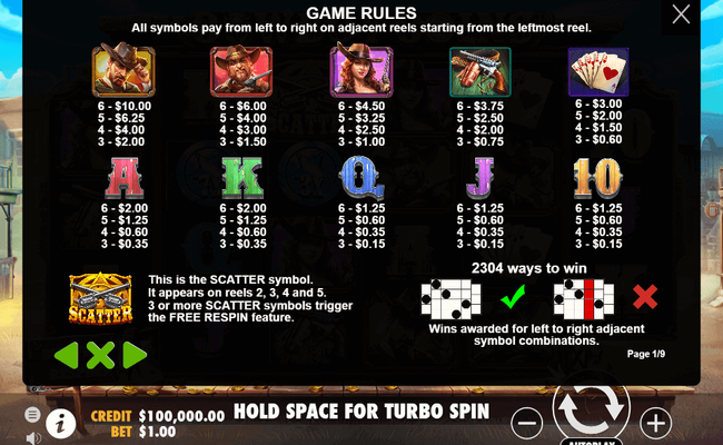 cowboy coins paytable