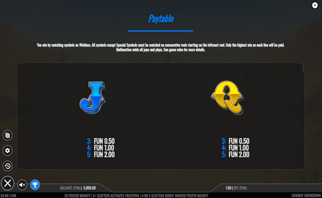 cowboy showdown paytable 5
