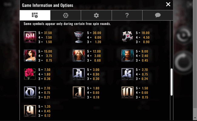dark hearts paytable