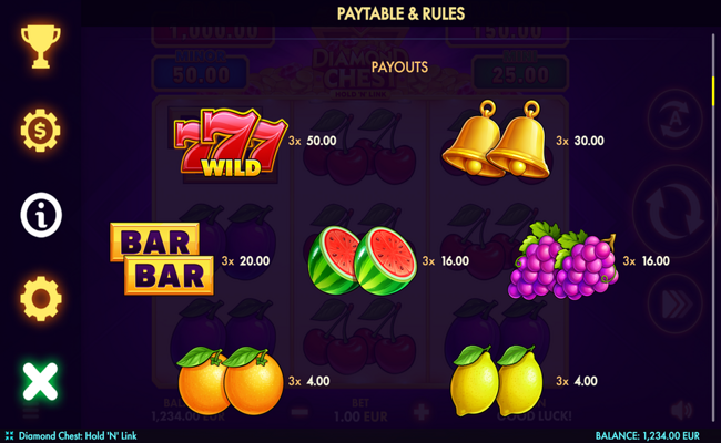 diamond chest hold n link paytable 1