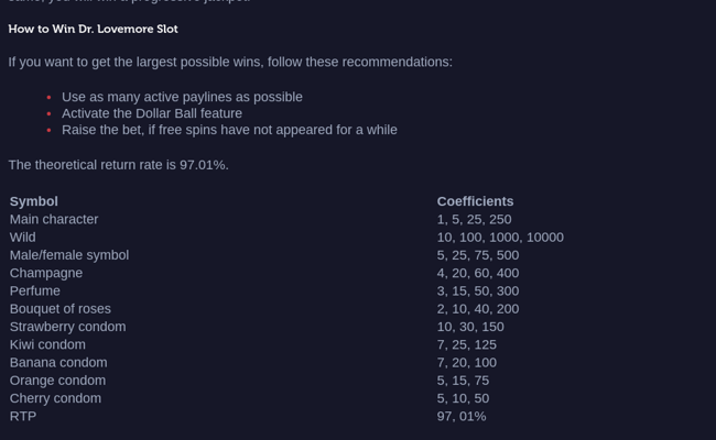 dr lovemore paytable