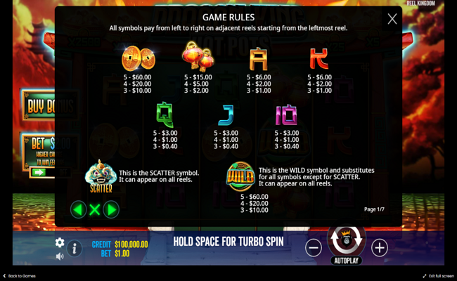 dragon king hot pots paytable