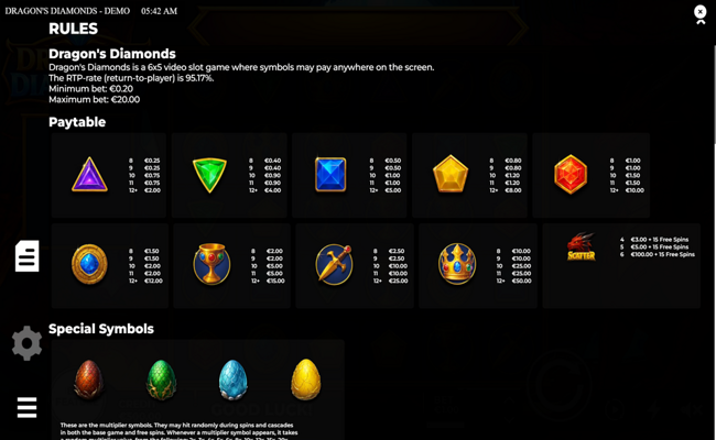 dragons diamonds paytable