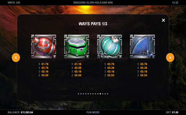 dragons glow hold and win paytable 2