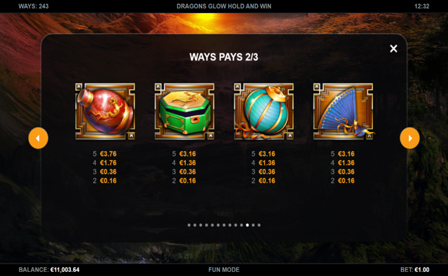 dragons glow hold and win paytable 3