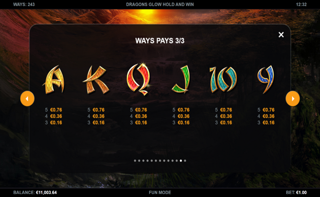 dragons glow hold and win paytable 4