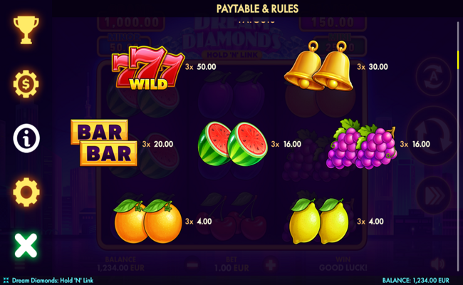 dream diamonds hold n link paytable 1