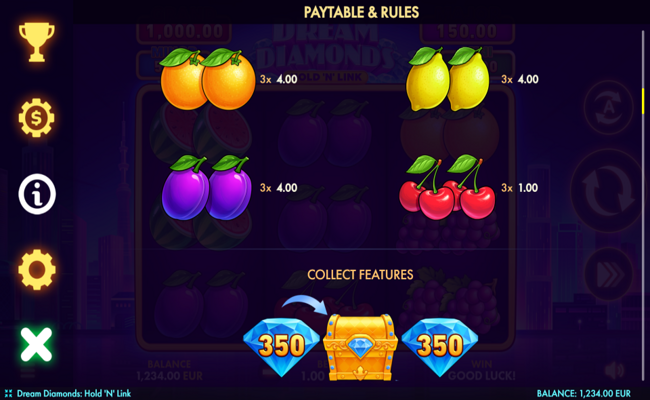 dream diamonds hold n link paytable 2