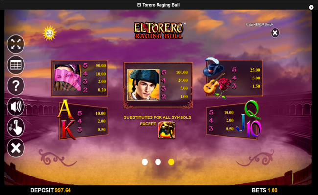 el torero raging bull paytable