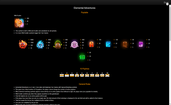 elemental adventures paytable