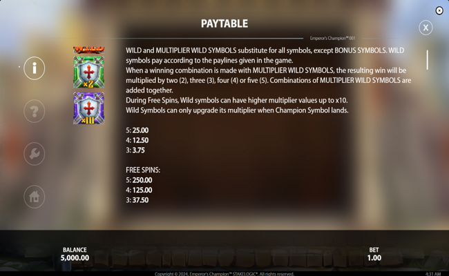 emperors champion paytable 1