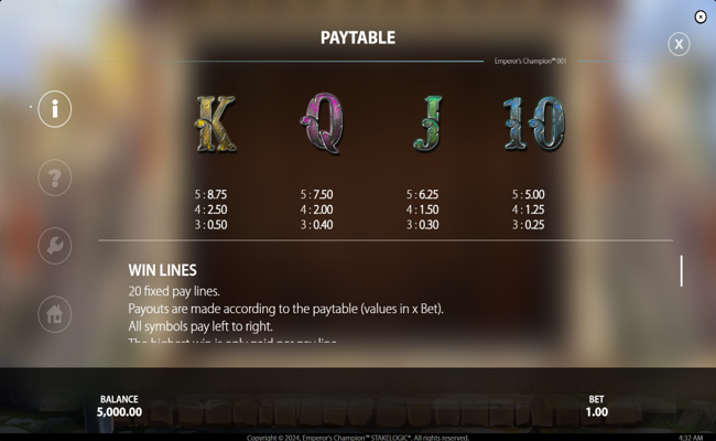 emperors champion paytable 4
