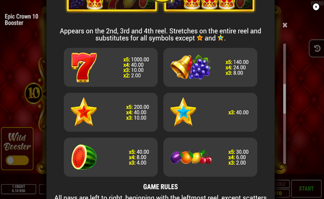 epic crown 10 booster paytable