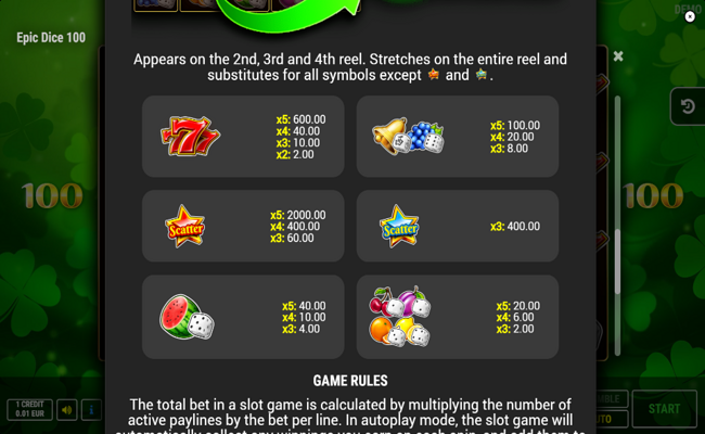 epic dice 100 paytable