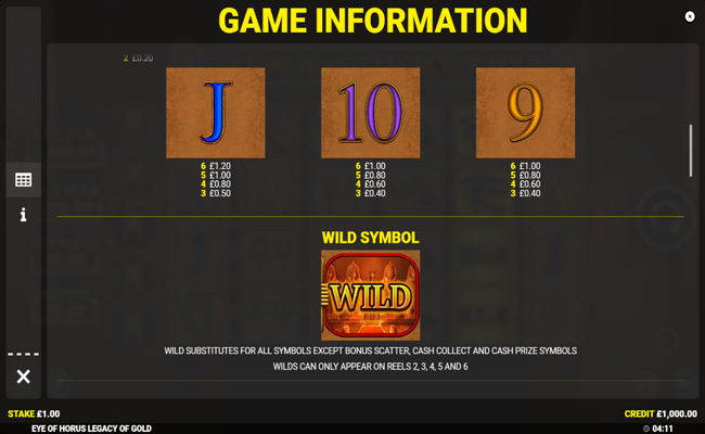 eye of horus legacy of gold paytable 2