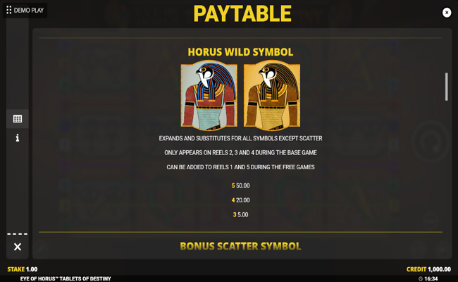 eye of horus tablets of destiny paytable 2