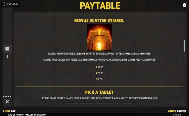 eye of horus tablets of destiny paytable 3