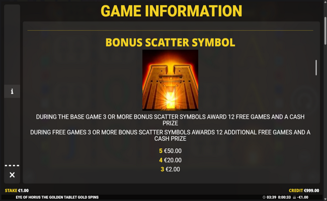 eye of horus the golden tablet gold spins paytable 2
