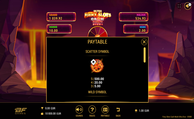 fiery slots cash mesh ultra dice paytable 1