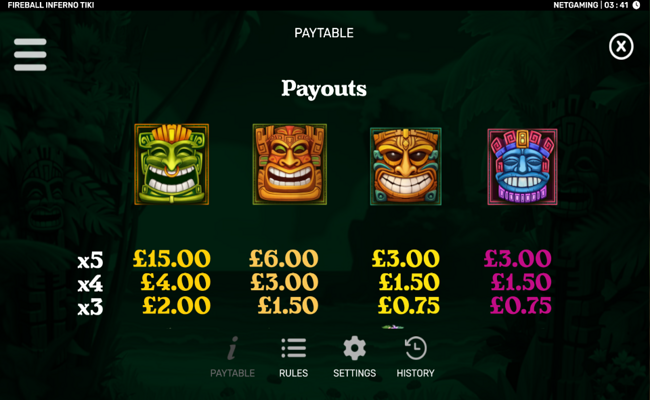 fireball inferno tiki paytable 2