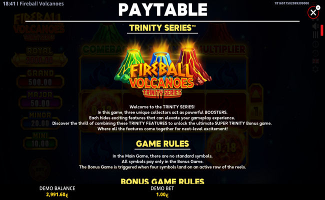 fireball volcanoes trinity series paytable 1