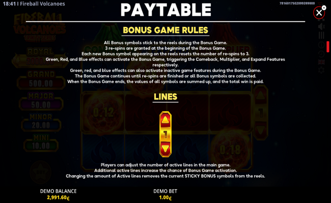 fireball volcanoes trinity series paytable 2