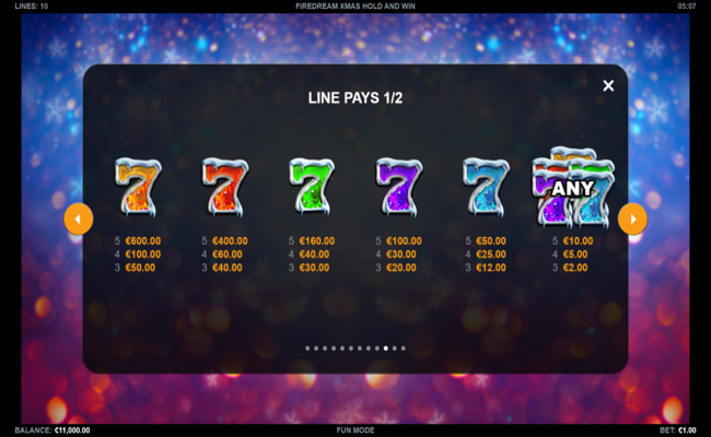firedream xmas hold and win paytable 1