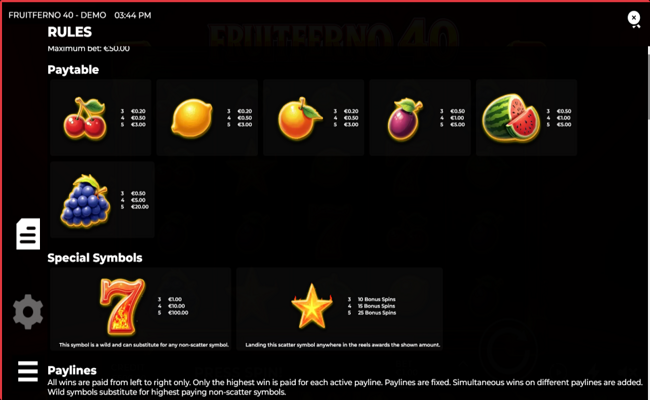 fruitferno 40 paytable 1