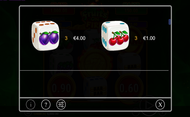 fruits on fire dice paytable 3